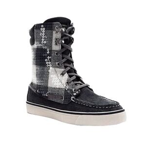 SPERRY Top-Sider Acklins Grey Corduroy Plaid Sequin Lace Up Women's Boot Shoes 8